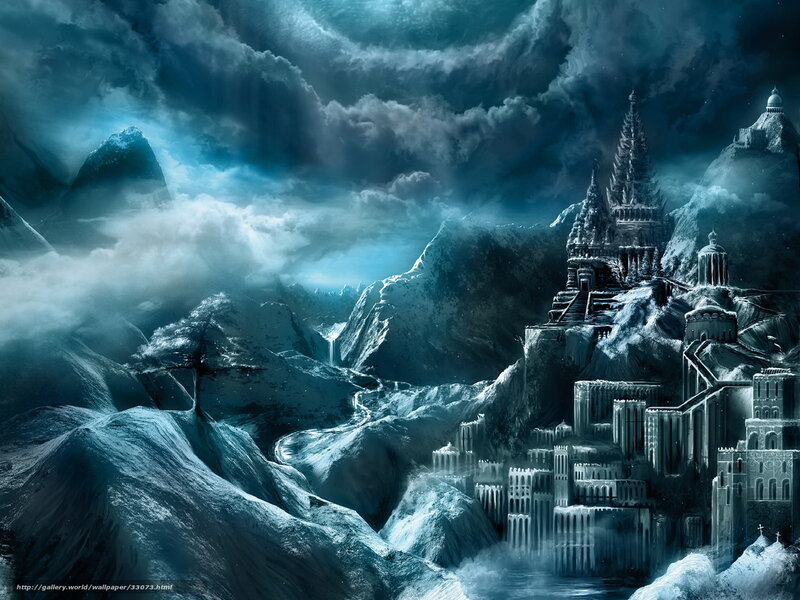 Frozen castle in mountainous landscape