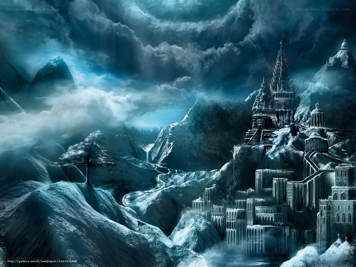 Frozen castle in mountainous landscape