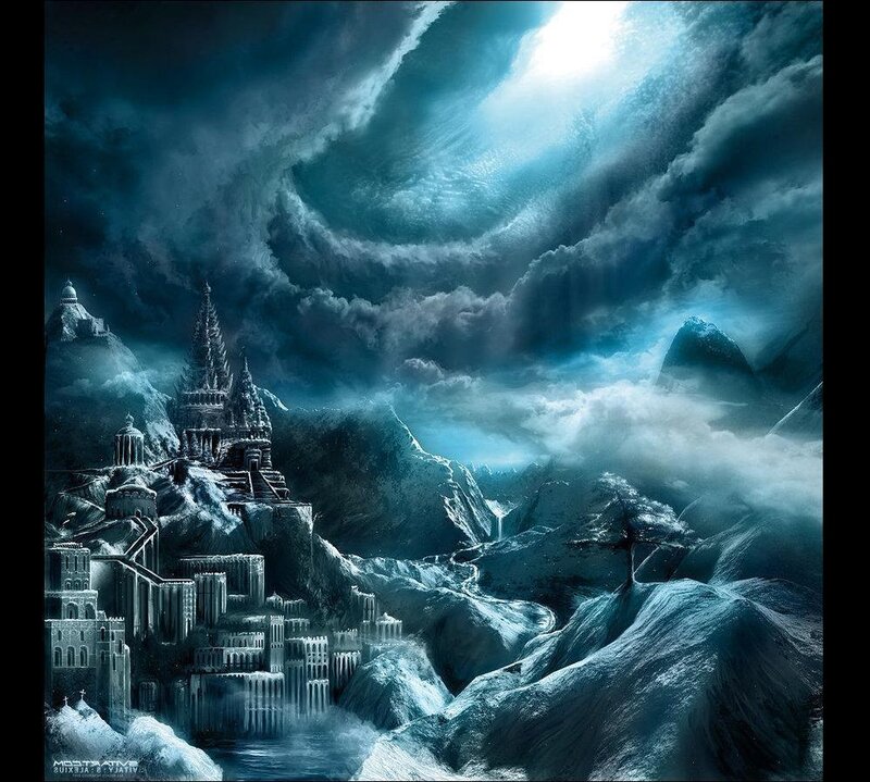 frozen castle in stormy mountains
