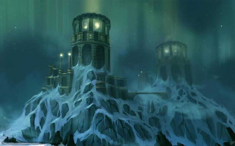 Frozen castle under aurora