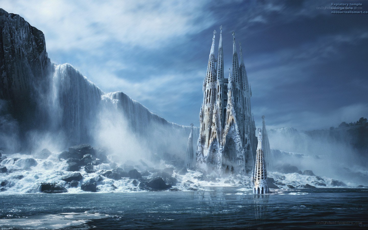 Frozen cathedral by waterfall