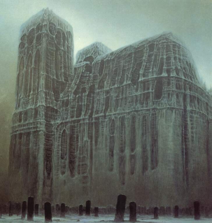 frozen cathedral in mist