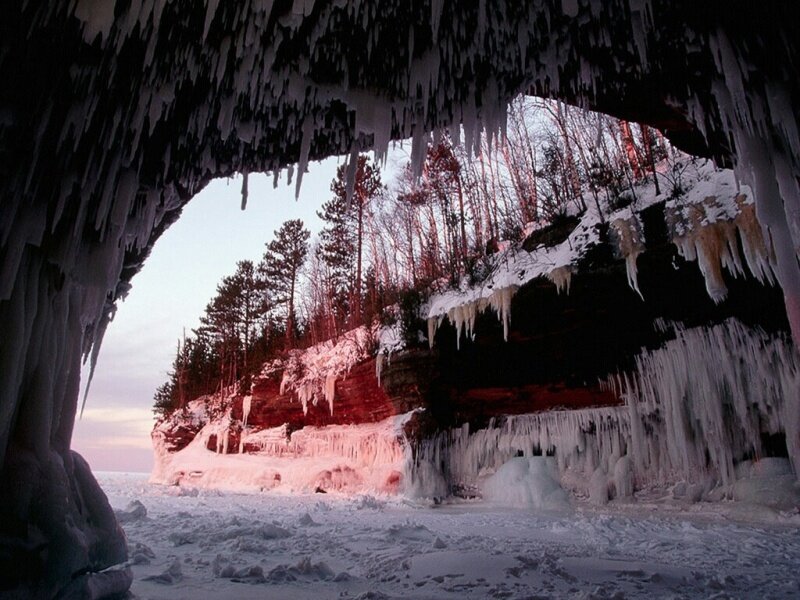 Frozen cave on a winter day