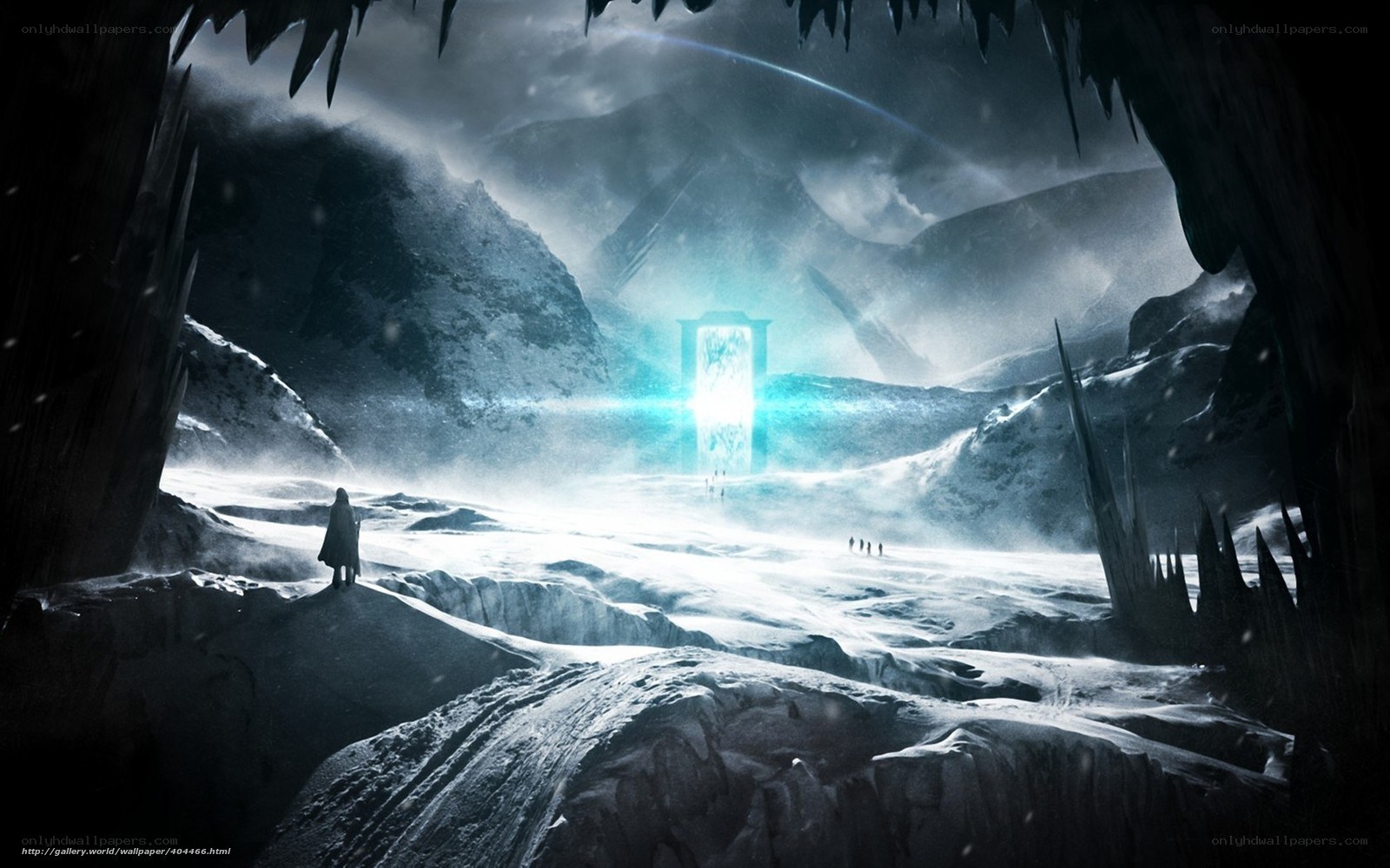 Frozen cave with glowing portal