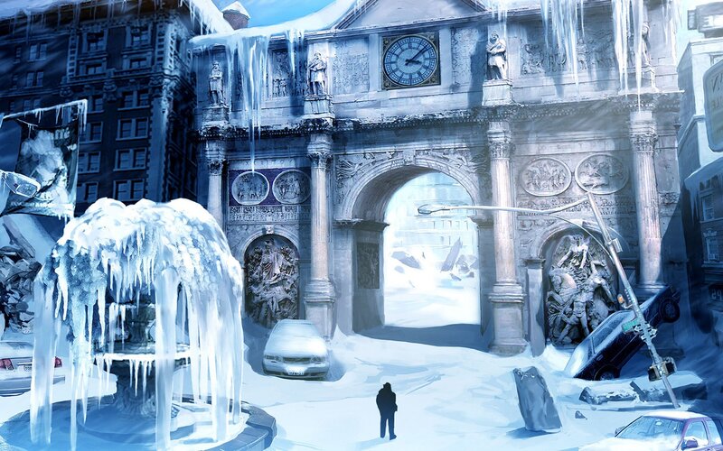 Frozen City Square — Blue, Desolate, Winter, Digital Art