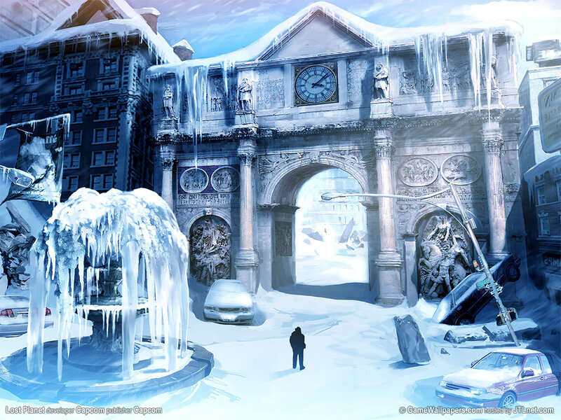 Frozen city with arch and fountain