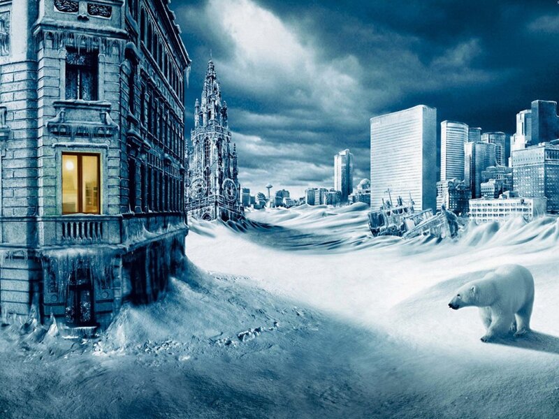 frozen city with polar bear
