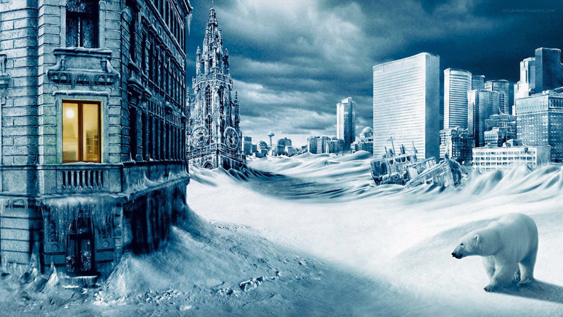 Frozen city with polar bear
