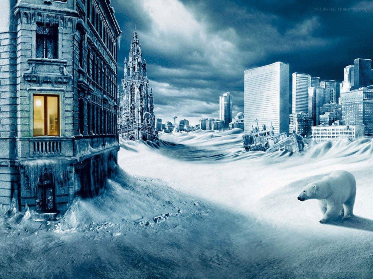 Frozen city with polar bear