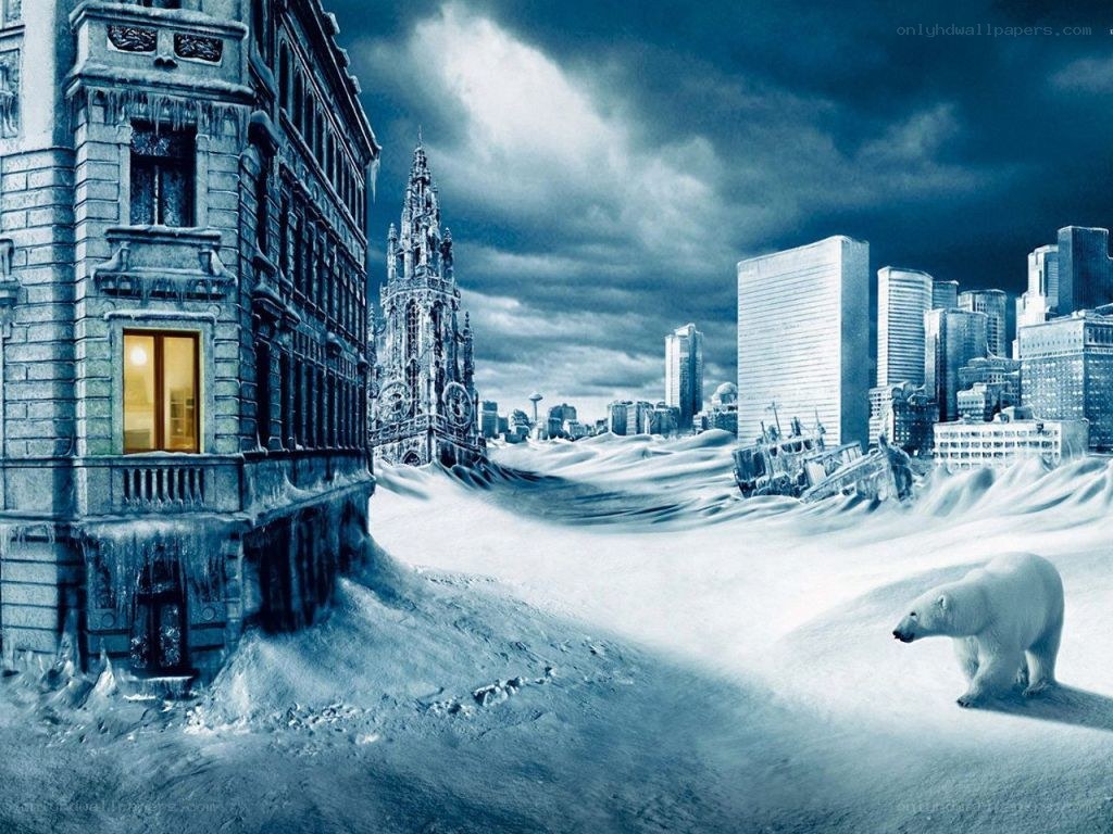 Frozen city with polar bear