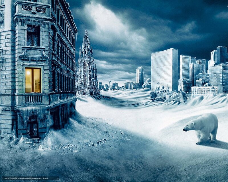 Frozen city with polar bear