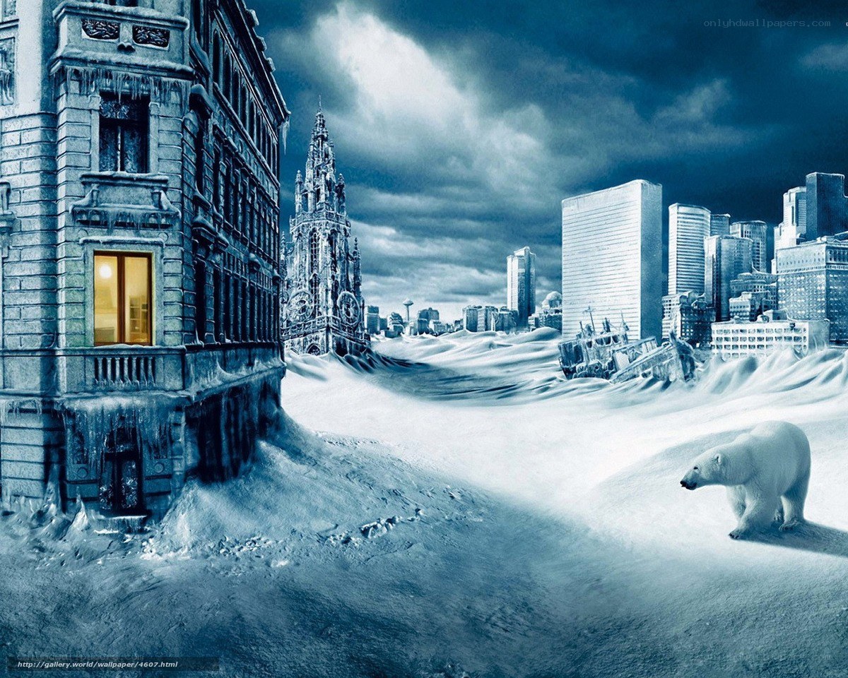 Frozen city with polar bear