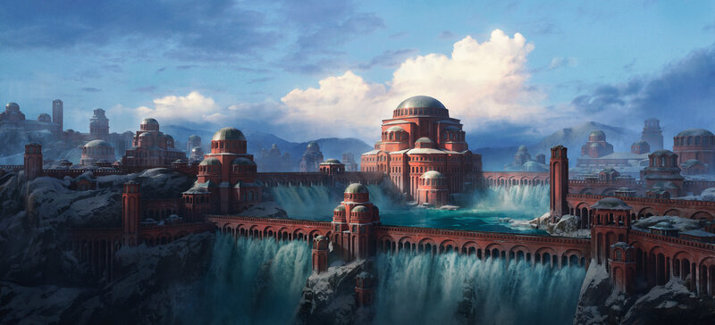 Frozen City with Waterfalls