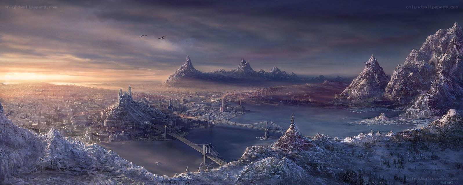 frozen cityscape at dawn