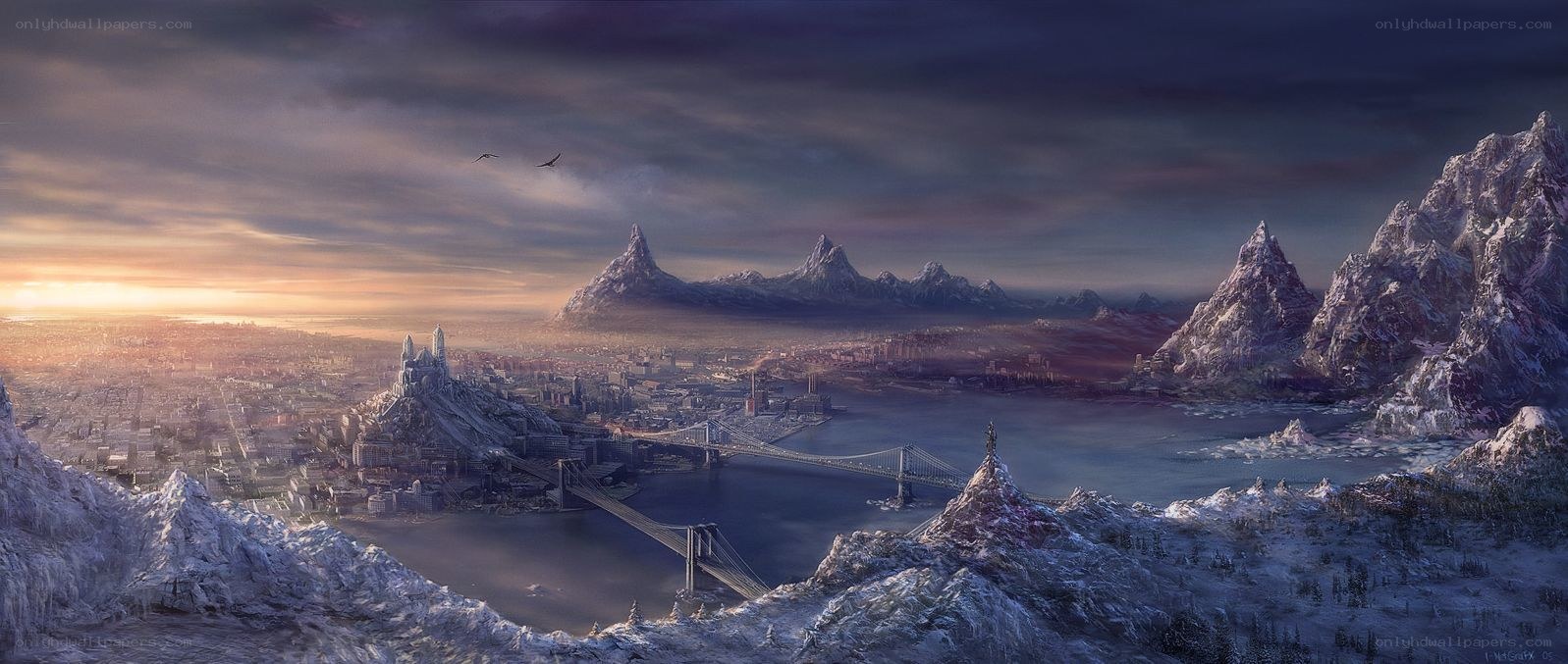 frozen cityscape at dawn