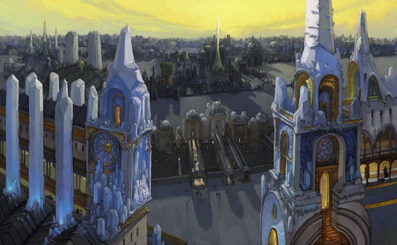 frozen cityscape at sunset