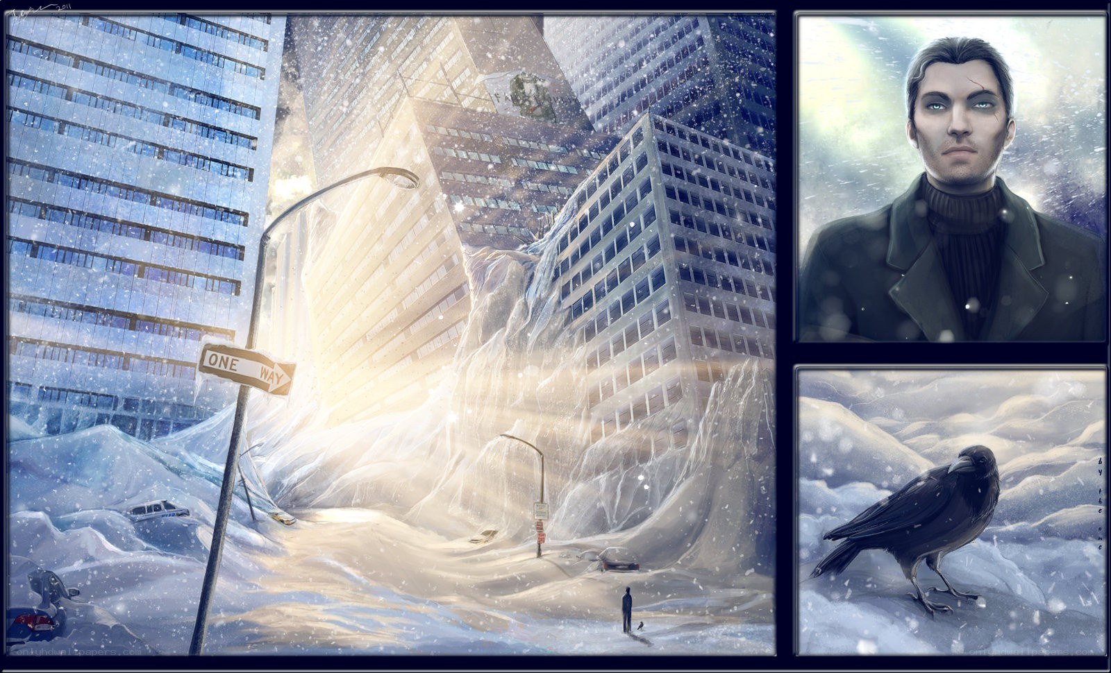 Frozen cityscape with man and crow