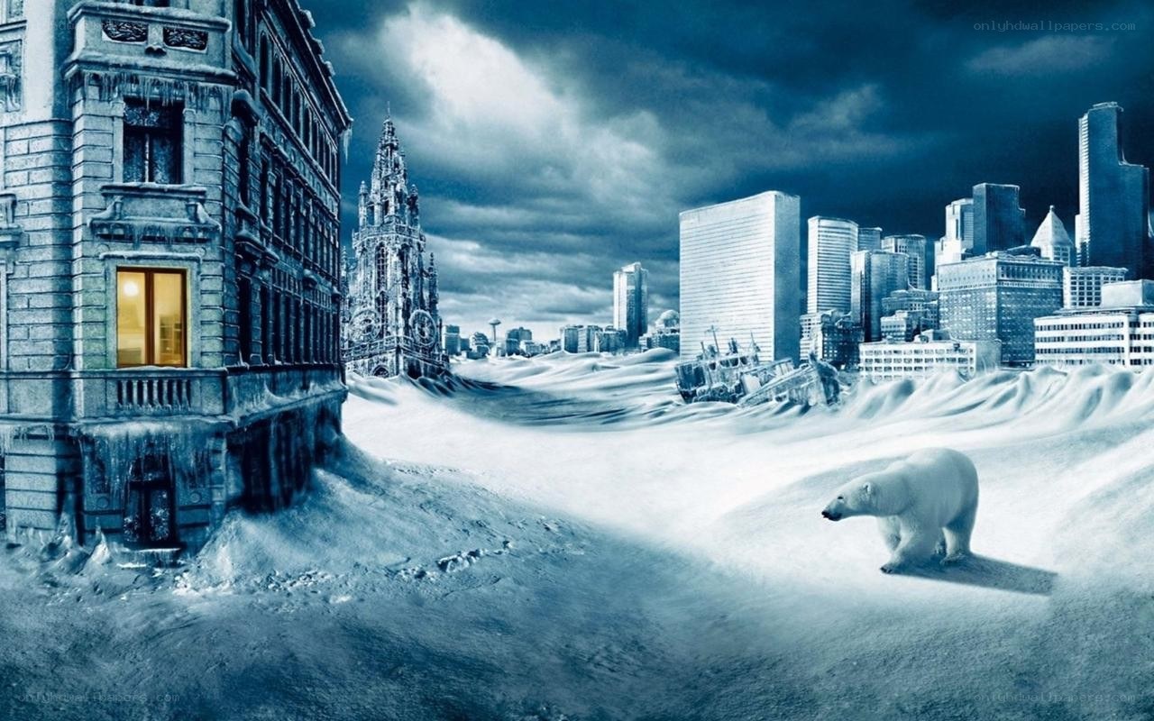 frozen cityscape with polar bear