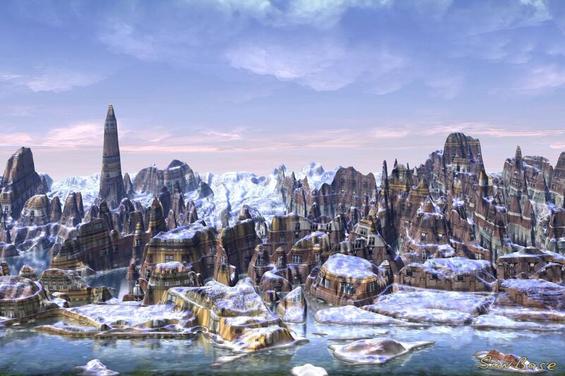 frozen cityscape with spires