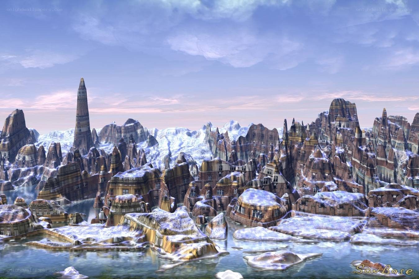 frozen cityscape with spires
