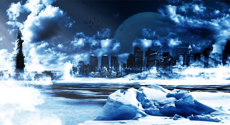 frozen cityscape with statue of liberty