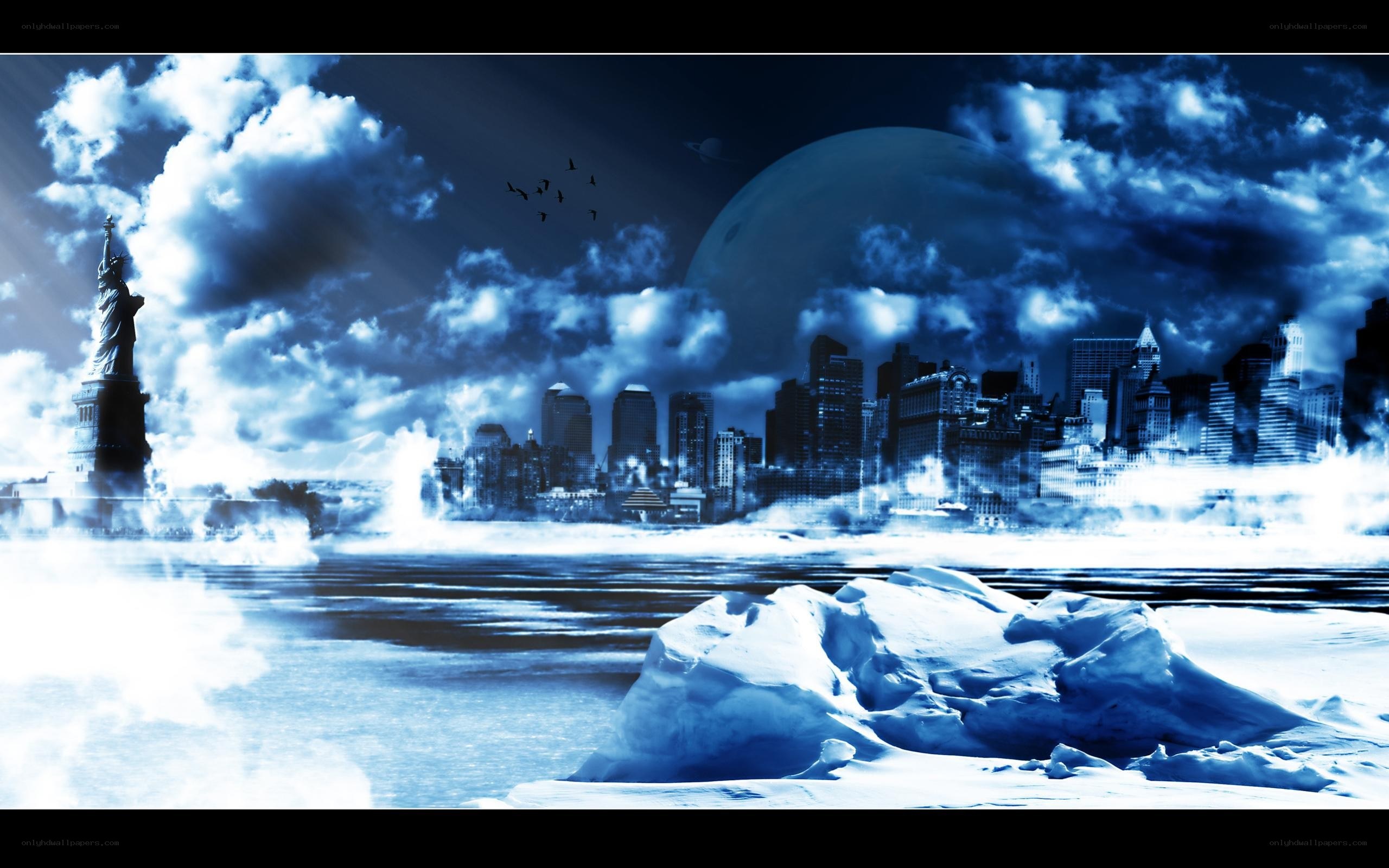 frozen cityscape with statue
