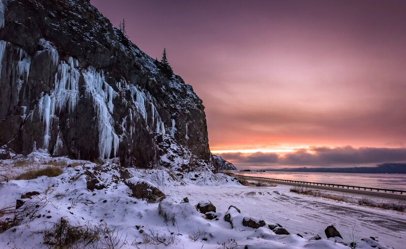 Frozen Cliff at Sunset — Purple