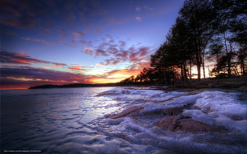 Frozen coast at sunset