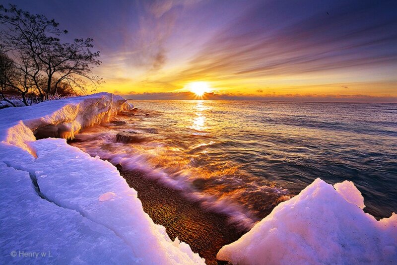 Frozen Coastline at Sunset — Purple