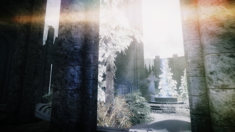 frozen courtyard with statue