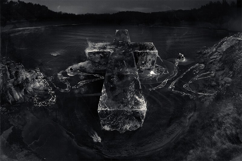 Frozen cross in a dark landscape