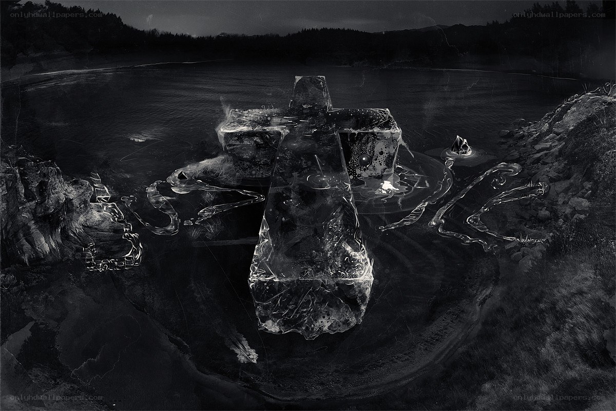 Frozen cross in a dark landscape
