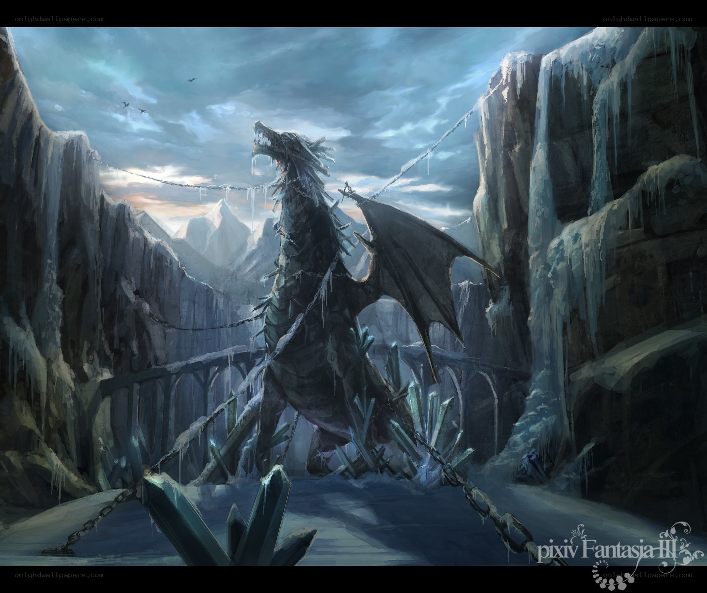 Frozen dragon in icy canyon