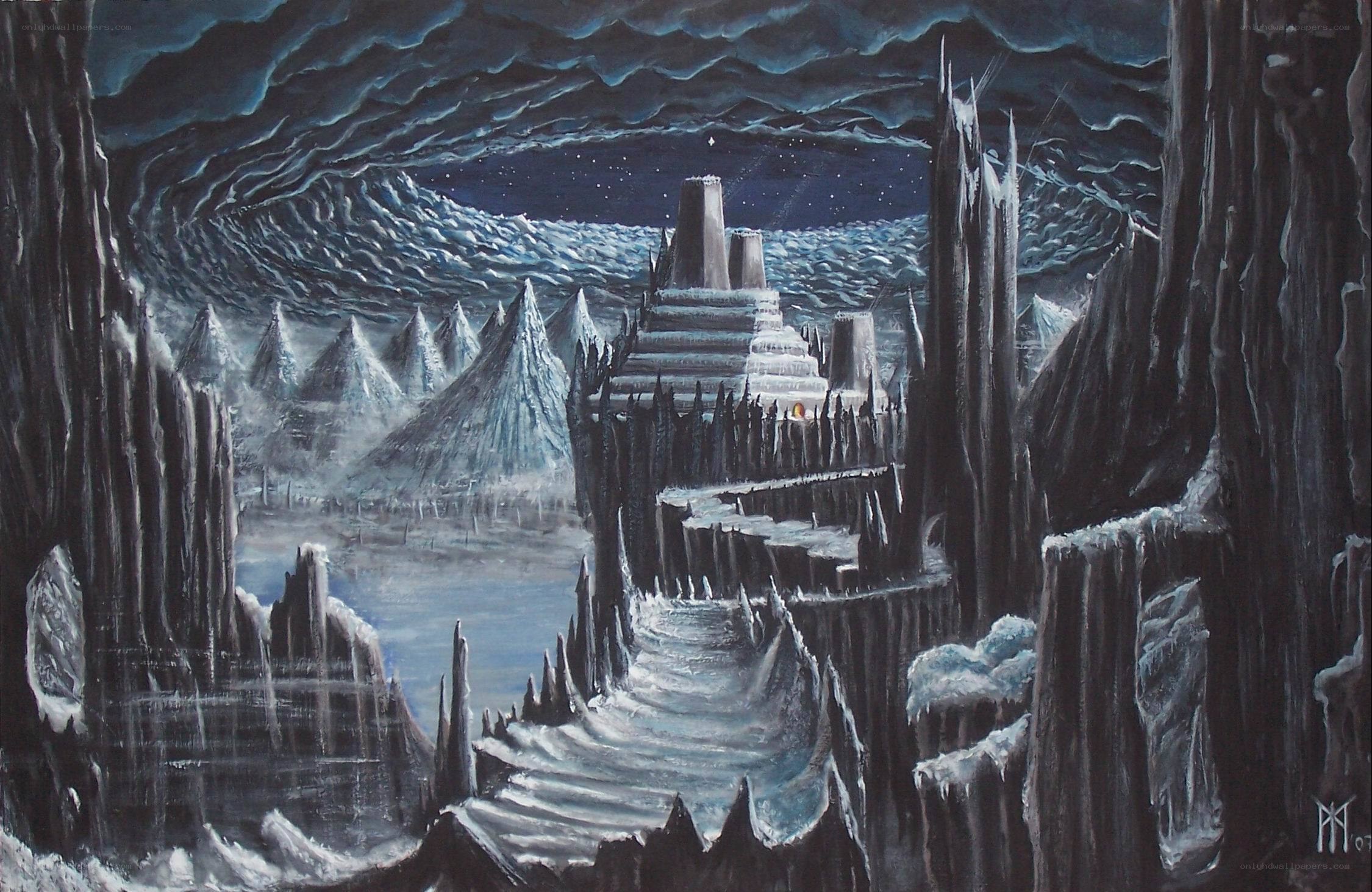 frozen fortress under stormy sky