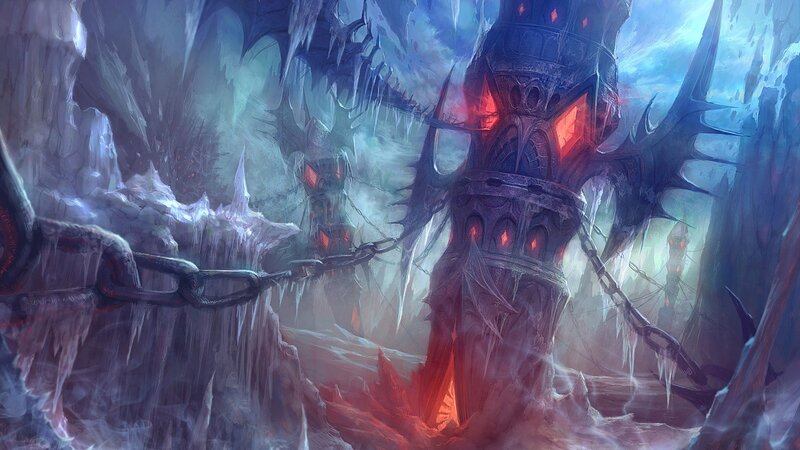 frozen fortress with glowing red lights