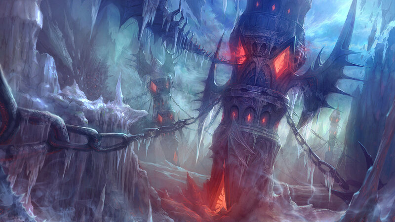 frozen fortress with glowing red towers
