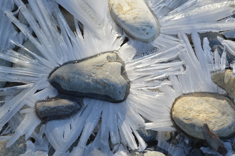 Frozen Ice Crystals on Rocks