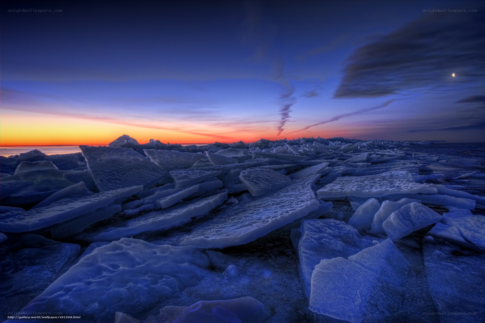 Frozen ice floes at sunset