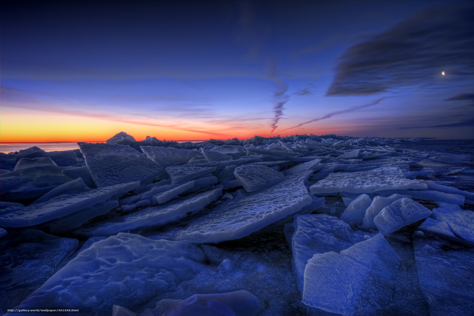 Frozen ice floes at sunset