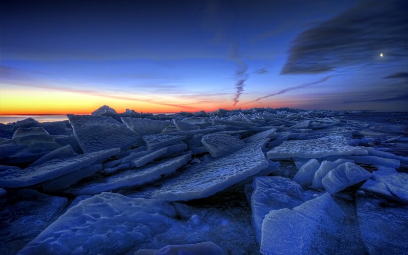 Frozen ice floes at sunset