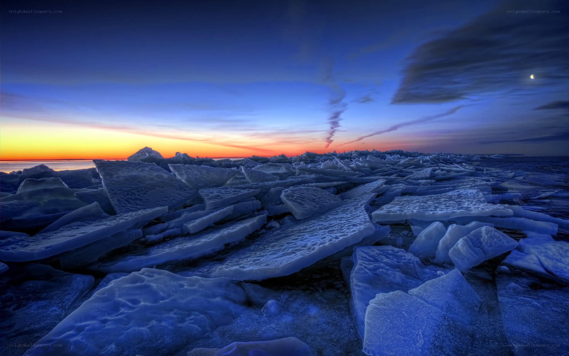 Frozen ice floes at sunset