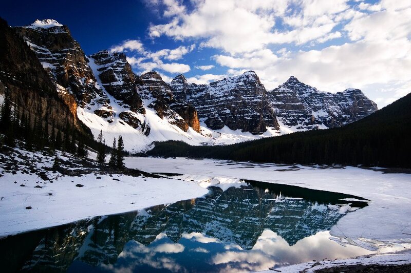 Frozen Lake and Mountains — Blue, Serene, Winter, Photograph, Snow, Clouds, Trees