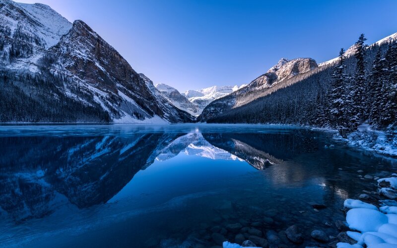 Frozen Lake and Mountains — Blue, Serene, Winter, Photograph, Snow, Trees