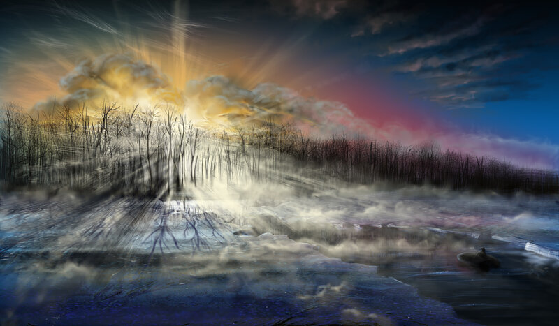 Frozen Lake at Dawn — Blue, Dramatic