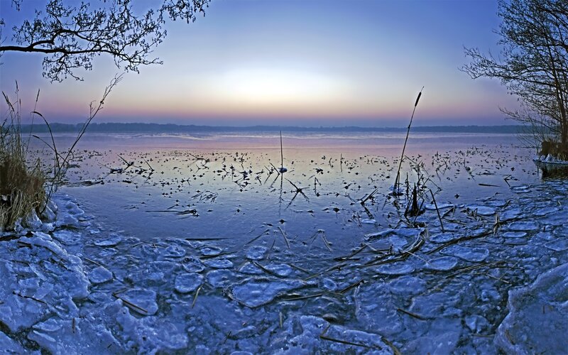 Frozen Lake at Dawn — Blue, Serene