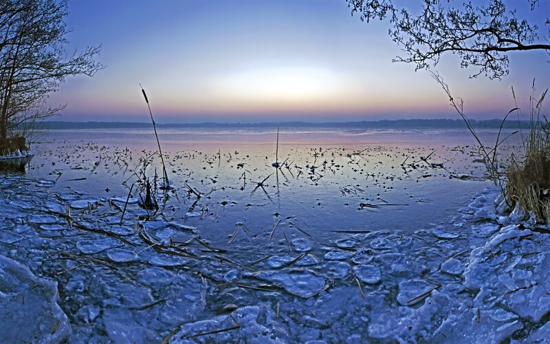 Frozen Lake at Dawn — Blue, Serene, Winter, Photograph, Ice