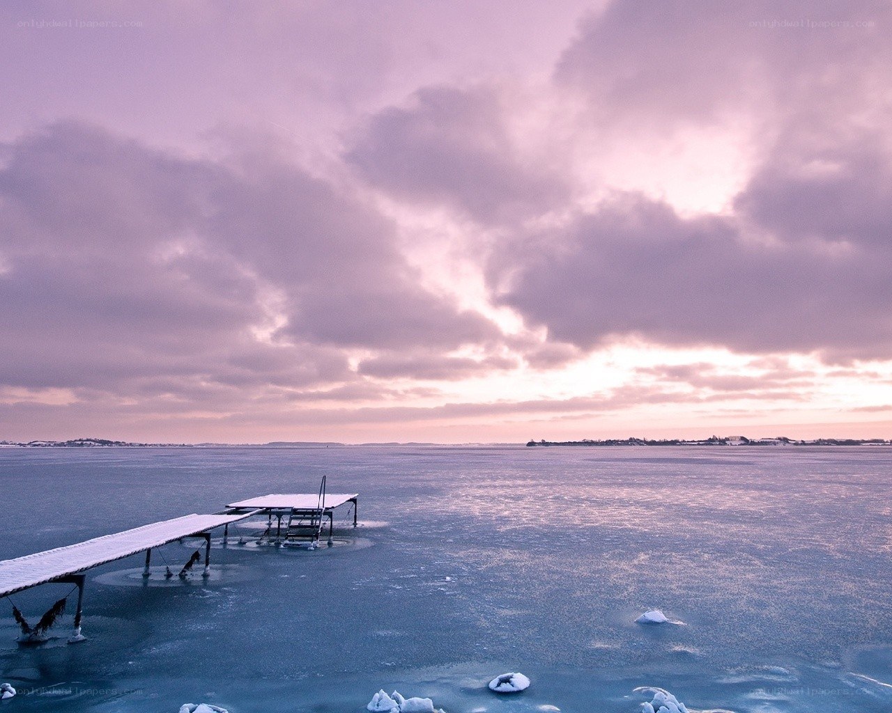 Frozen lake at dusk
