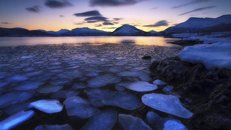 Frozen lake at dusk