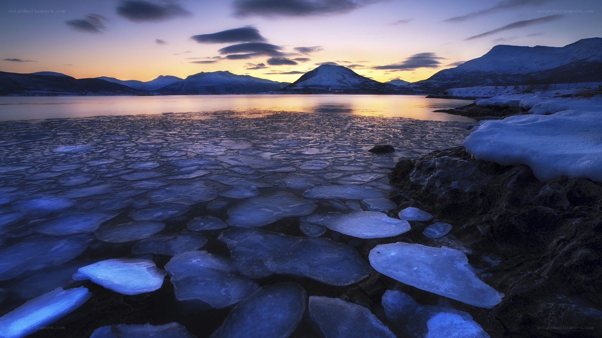 Frozen lake at dusk