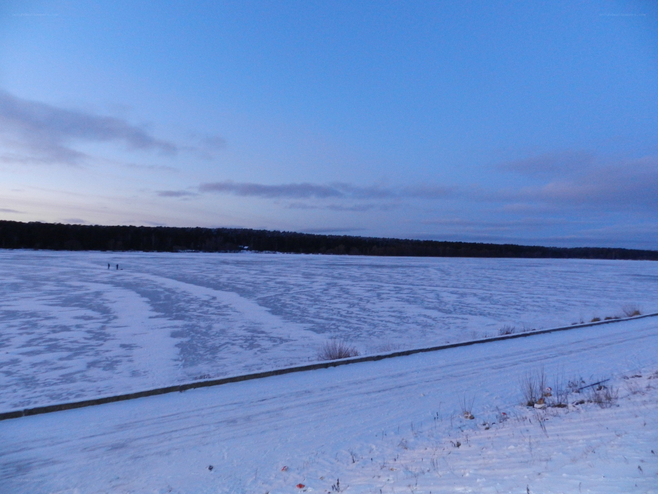 Frozen lake at dusk